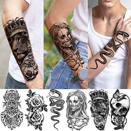 Shegazzi 62 Hojas Halloween Tatuajes Temporales Adultos Mujer Hombre Grande Cráneo Esqueleto Fantasma León Serpiente Tatuajes Falsos Niños Niñas 3D Realista Tatuajes Adhesivos Temporales Brazo Pierna