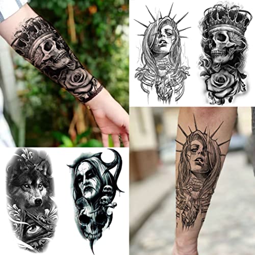 Shegazzi 62 Hojas Halloween Tatuajes Temporales Adultos Mujer Hombre Grande Cráneo Esqueleto Fantasma León Serpiente Tatuajes Falsos Niños Niñas 3D Realista Tatuajes Adhesivos Temporales Brazo Pierna