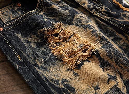 ShFhhwrl Jeans Mens Jeans Men Vintage Ripped Jeans Joggers Retro Jeans Yellow Distressed Denim Trousers Tiger Embroidered Plus Size 36 Yell