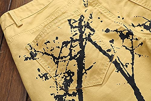 ShFhhwrl Jeans Mens Jeans Print Yellow Jeans Fashion Casual Streetwear Skinny Jeans Men 36 S04