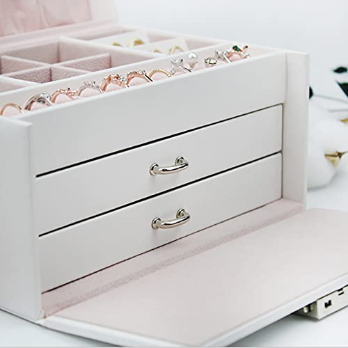 skrskr Organizador de Joyas Joyero de 3 Capas de Gran Capacidad Pendientes Collar Anillos Soporte con Espejo de Maquillaje y Estuche de Bloqueo Cajón de joyería de Cuero PU