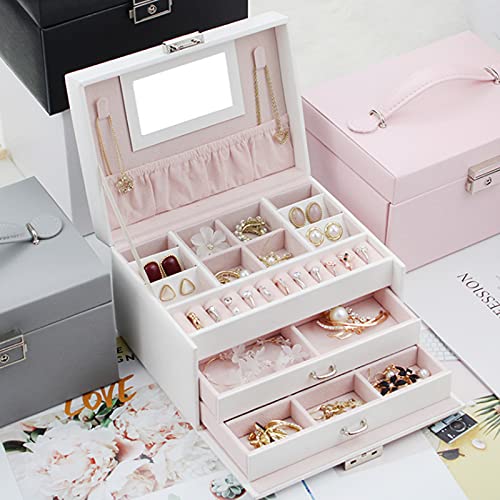 skrskr Organizador de Joyas Joyero de 3 Capas de Gran Capacidad Pendientes Collar Anillos Soporte con Espejo de Maquillaje y Estuche de Bloqueo Cajón de joyería de Cuero PU