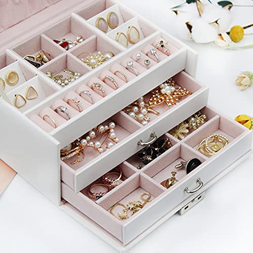 skrskr Organizador de Joyas Joyero de 3 Capas de Gran Capacidad Pendientes Collar Anillos Soporte con Espejo de Maquillaje y Estuche de Bloqueo Cajón de joyería de Cuero PU