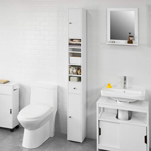 SoBuy BZR34-W Mueble Columna de baño, Armario para baño Alto,estanterías de baño-2 Puertas y 1 cajón H 180 cm ES