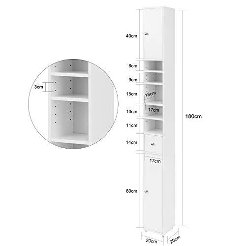 SoBuy BZR34-W Mueble Columna de baño, Armario para baño Alto,estanterías de baño-2 Puertas y 1 cajón H 180 cm ES