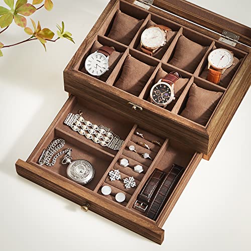 SONGMICS Caja de Relojes con 8 Ranuras, Caja de Madera Maciza con Almohadas, Caja de Joyas con Tapa de Cristal, para Anillos, Pulseras, Collares, Nogal Rústico, Dia del Padre Regalos, JOW008K01