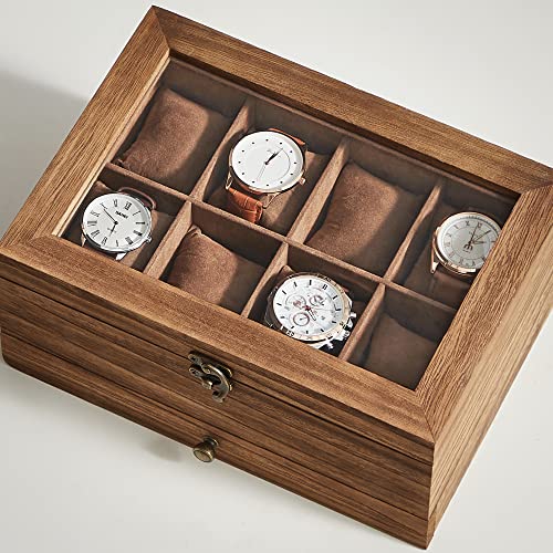 SONGMICS Caja de Relojes con 8 Ranuras, Caja de Madera Maciza con Almohadas, Caja de Joyas con Tapa de Cristal, para Anillos, Pulseras, Collares, Nogal Rústico, Dia del Padre Regalos, JOW008K01