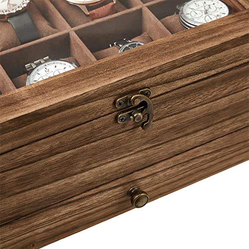 SONGMICS Caja de Relojes con 8 Ranuras, Caja de Madera Maciza con Almohadas, Caja de Joyas con Tapa de Cristal, para Anillos, Pulseras, Collares, Nogal Rústico, Dia del Padre Regalos, JOW008K01