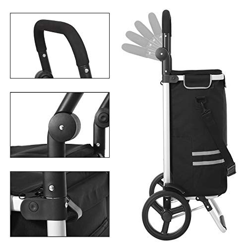 SONGMICS Carro de Compra Plegable, Sólido, con Bolsa de Refrigeración Aislante, Carro de Equipaje con Ruedas, Mochila Desmontable, Gran Capacidad de 35L, Negro KST03BK