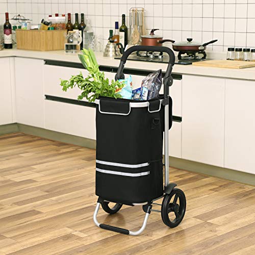 SONGMICS Carro de Compra Plegable, Sólido, con Bolsa de Refrigeración Aislante, Carro de Equipaje con Ruedas, Mochila Desmontable, Gran Capacidad de 35L, Negro KST03BK