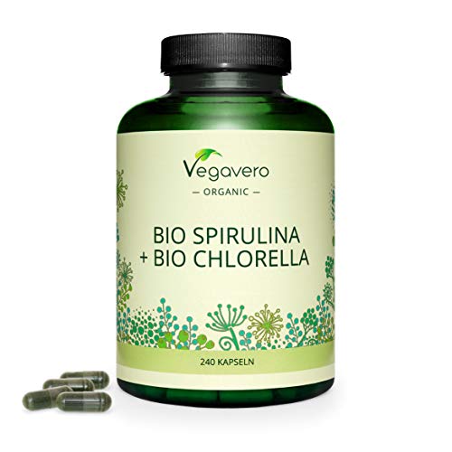 Spirulina + Chlorella Orgánica Vegavero® | 2000 mg | 240 Cápsulas | Testado en Laboratorio | Algas Marinas | Superfood rica en Clorofila | Cansancio + Energía | BIO