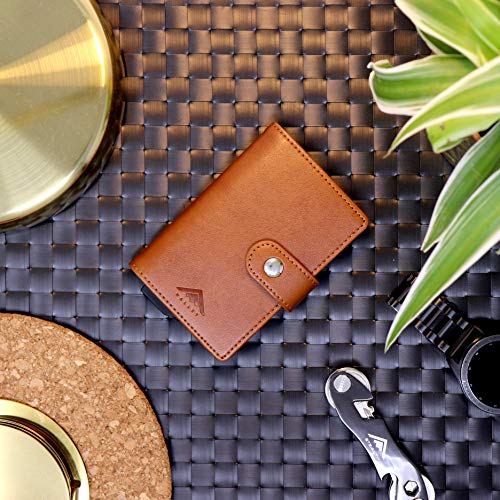 STEALTH Wallet - Cartera Delgada, Ligera y Minimalista con Tarjetero - Carteras Emergentes Seguras con Tarjeteros de Metal con Bloqueo RFID (Aluminio Plateado con Cuero Marrón y Clip para Dinero)