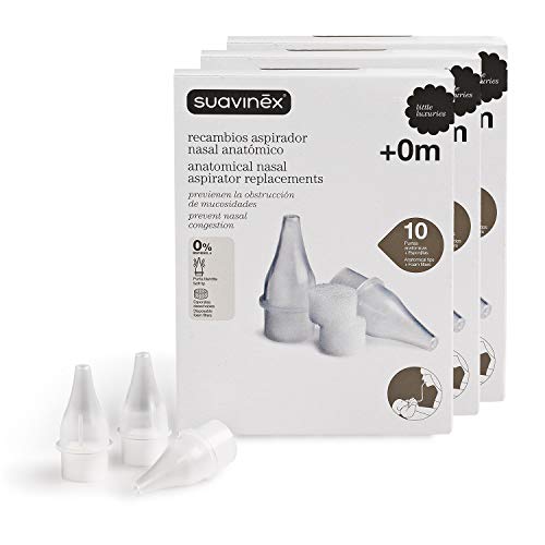 SUAVINEX 307652 3 x 10 Recambios Aspirador Nasal Anatómico, para Bebés +0 Meses, 10 Puntas Blanditas + 10 Esponjitas Desechables, 0% BPA, Blanco, 30 Unidades