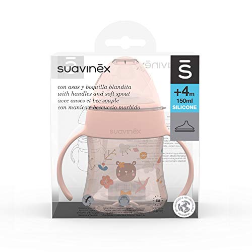 SUAVINEX Biberón con Asas First, con Boquilla Antiderrame de Silicona, para Bebés +4 Meses, Color Rosa, 150ml