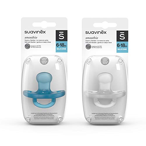 Suavinex Pack Chupetes para Dormir Todo Silicona para Bebés 6-18 Meses, Chupete con Tetina Anatómica Sx Pro, Super Blandito y Flexible, Color Azul y Blanco, 2 Unidades