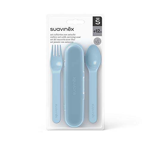 SUAVINEX Set Cubiertos Bebé con Estuche, Cubiertos Infantiles para Comer Fuera de Casa, para Bebés +12 Meses, Azul