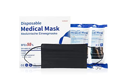 SUMGER Mascarilla Quirúrgica Desechable TYPE IIR Homologada, 50 Unidades, Negro, CE BFE ≥98%, EN 14683:2019+AC:2019