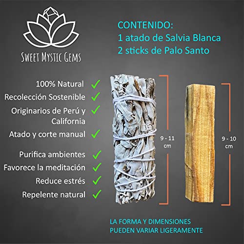 SWEET MYSTIC GEMS - 1 Atado de Salvia Blanca para Quemar y 2 Palo Santo para Quemar - 100% Incienso Natural - Recolección sostenible