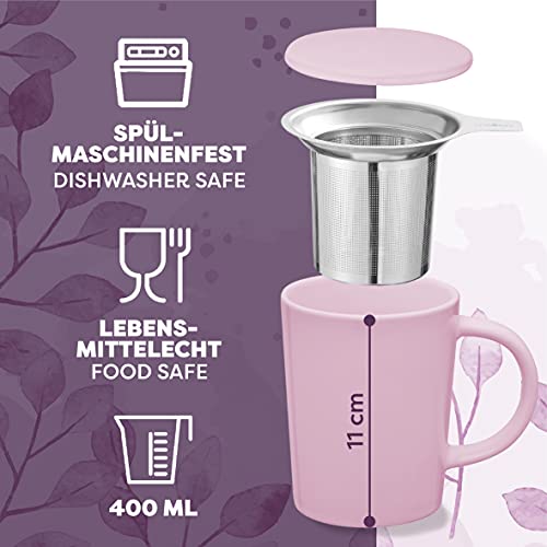 Taza con Filtro para Infusiones y Te - De Ceramica - Rosa - XL 400ml Grande - Con Tapa y Asa