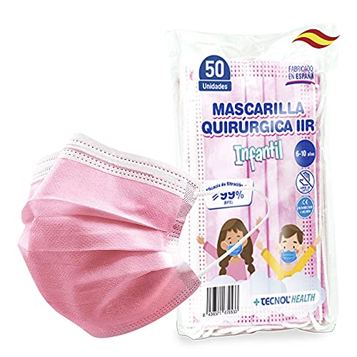 TECNOL HEALTH Mascarillas Quirúrgicas Infantiles Rosas - Fabricadas en España - 50 unidades - Tipo IIR - BFE > 99% - 3 Capas y Sin Grafeno - Pack de Mascarillas Quirúrgicas Niños - Colores