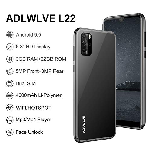 Teléfono Móvil Libres, Android 9.0 Smartphone Libre 4G, Water-Drop Pantalla 6,3 Pulgadas, 3GB RAM+32GB ROM 4600mAh Batería, Smartphone Barato Dual SIM, Cámara 8MP+5MP Telefono Celular (Negro)