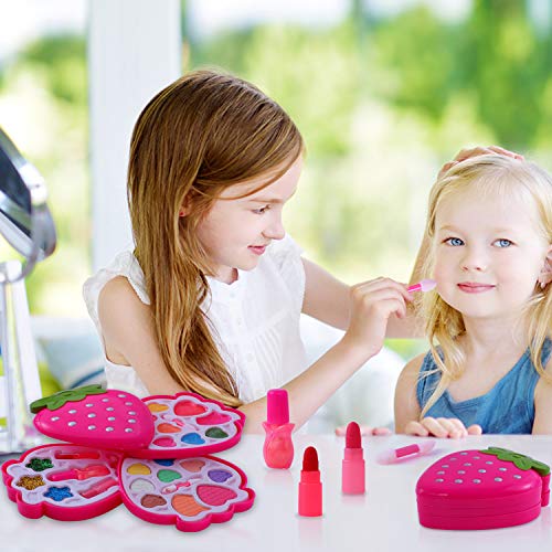 Ulikey Juguetes de Maquillaje Niñas, Juego de Maquillaje Lavables, Caja de Maquillaje, Maquillaje Niños Set Cosméticos Regalo de Princesa Cumpleaños y Navidad para Niños (Forma de Fresa-roja)