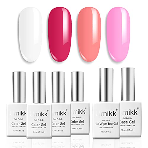 Umikk Set de esmaltes de uñas en gel Sandía blanca Coral rojo Púrpura claro 7,5 ml con capa base Capa superior 10 ml Esmalte en gel de manicura curado con LED Soak Off UV