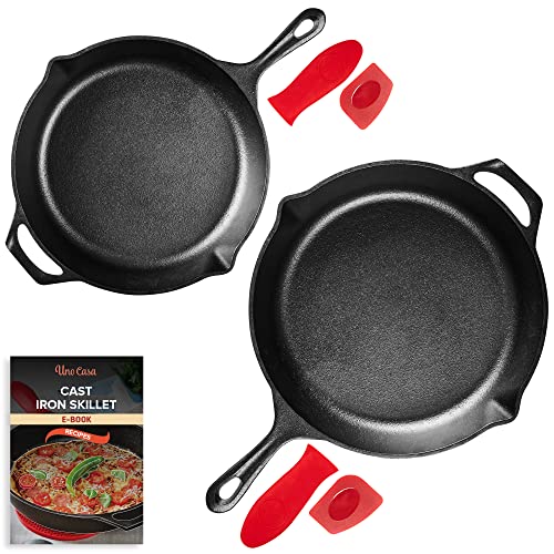 Uno Casa Juego de 2 sartenes de hierro fundido de 25 cm y 30 cm - Sartenes de cocina presazonadas para freír - Para pasteles, pizzas, salsas, pan y huevos