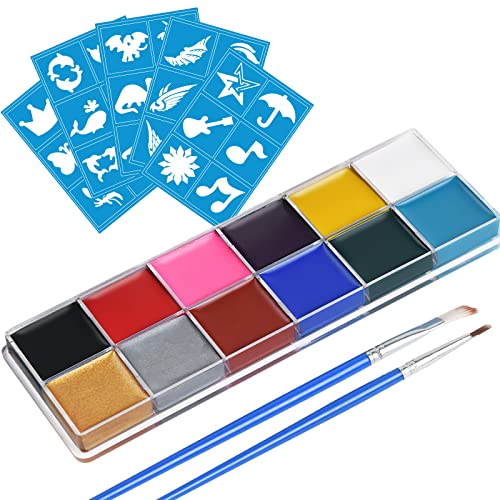 URAQT Pintura Corporal y Facial, 12 Colores Seguridad No Tóxica Pintura de Cara, Kit de Pintura Facial con 30 Plantillas 2 Pinceles, Pintura de Maquillaje para Niños Halloween Fiestas Cosplay