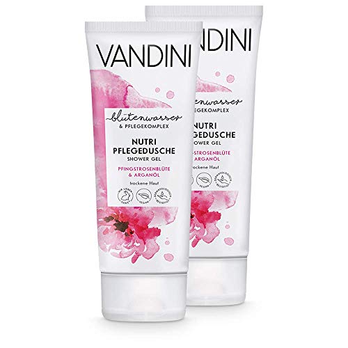 VANDINI Nutri Care gel de ducha con flor de peonía y aceite de argán - gel de baño para pieles secas - Jabón liquido vegano sin siliconas ni parabenos - 2x 200 ml