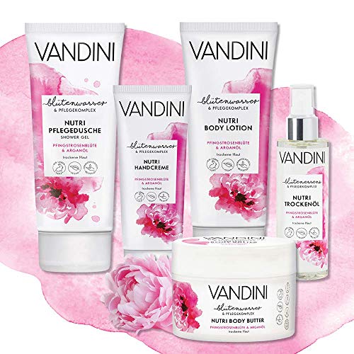 VANDINI Nutri Care gel de ducha con flor de peonía y aceite de argán - gel de baño para pieles secas - Jabón liquido vegano sin siliconas ni parabenos 1x 30 ml