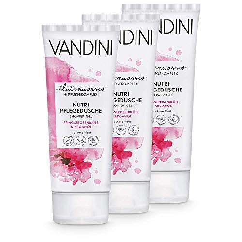 VANDINI Nutri Care gel de ducha con flor de peonía y aceite de argán - gel de baño para pieles secas - Jabón liquido vegano sin siliconas ni parabenos - 3x 200 ml