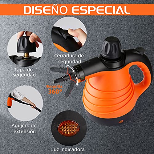 Vaporeta limpieza hogar 1100W, Limpiador a Vapor de Mano con Tanque de 350mL, Vaporeta de Mano con 9 Accesorios para Hogar y Cocina