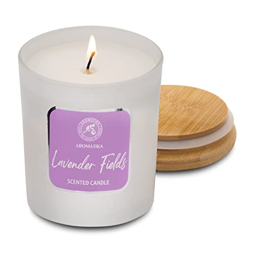 Vela Aromática Campos de Lavanda - Vela de Aromaterapia con Aceite Esencial - Vela de Cera de Soja - Hasta 45 horas de Combustión - Regalo de Vela de Vidrio - Perfumadas De Soja Natural