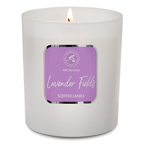 Vela Aromática Campos de Lavanda - Vela de Aromaterapia con Aceite Esencial - Vela de Cera de Soja - Hasta 45 horas de Combustión - Regalo de Vela de Vidrio - Perfumadas De Soja Natural