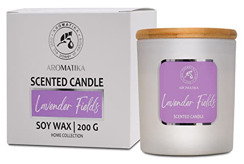 Vela Aromática Campos de Lavanda - Vela de Aromaterapia con Aceite Esencial - Vela de Cera de Soja - Hasta 45 horas de Combustión - Regalo de Vela de Vidrio - Perfumadas De Soja Natural