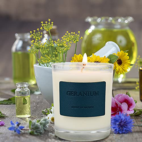 Vela Perfumada de Geranio y Madera, Velas de Tarro de Vidrio Ardiente de 7.8 oz 50 Horas, Velas de Soja Natural, Velas de Aromaterapia de Cuero de Diseñador Premium con Caja de Regalo