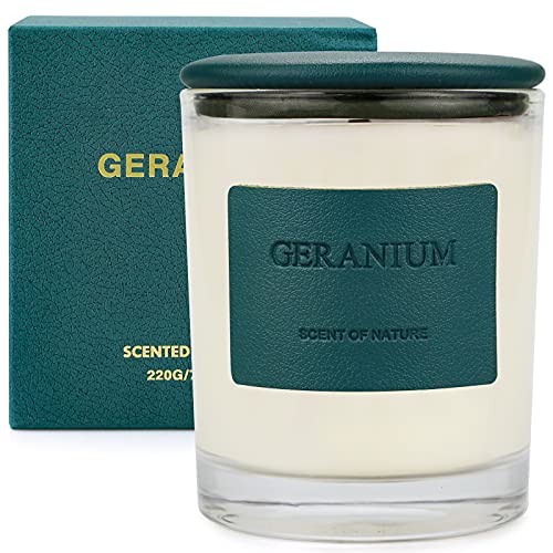 Vela Perfumada de Geranio y Madera, Velas de Tarro de Vidrio Ardiente de 7.8 oz 50 Horas, Velas de Soja Natural, Velas de Aromaterapia de Cuero de Diseñador Premium con Caja de Regalo