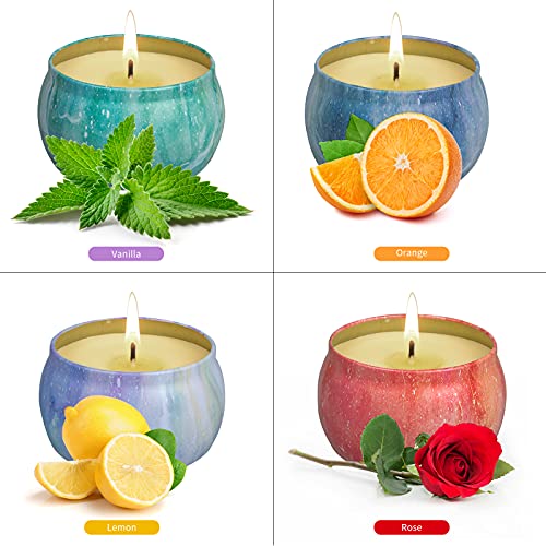 Velas Perfumadas Juego de 4：4,4 Onzas Cera de Soja para Aromaterapia con Aceites Esenciales de Fuerte Fragancia para Aliviar el Estrés o para la Navidad&el cumpleaños y el Día de la Madre