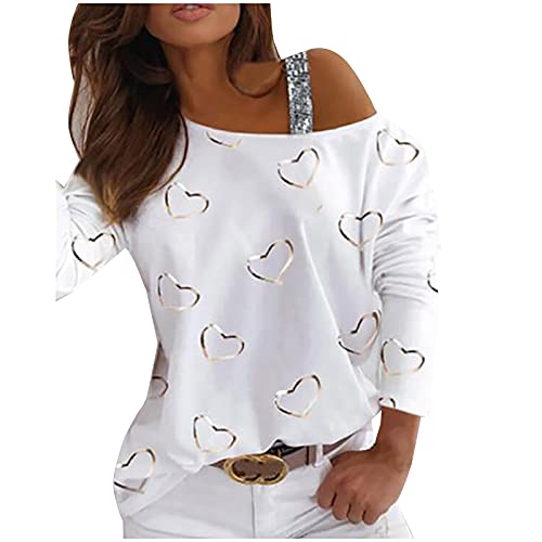 VEMOW Blusas y Camisas de Manga Larga/Corta para Mujer Sin Tirantes, 2021 Impresión de Rayas/Corazón Casual Fiesta T-Shirt Primavera Otoño Básico Camisa Jersey Tops(A01 Blanco,XL)