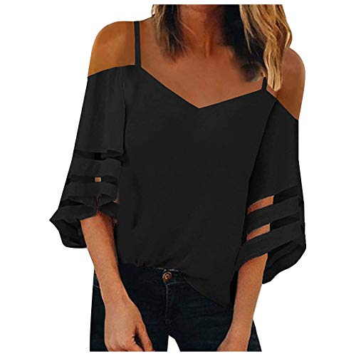 VEMOW Camisetas Camisola Mangas Hilo 3/4 Acampanadas Mujer T-Shirt Sin Tirantes, Verano Última Elegantes Suelto Básico Túnico Tops Color Sólido Fiesta Tshirt Tallas Grandes Original tee(A Negro,M)