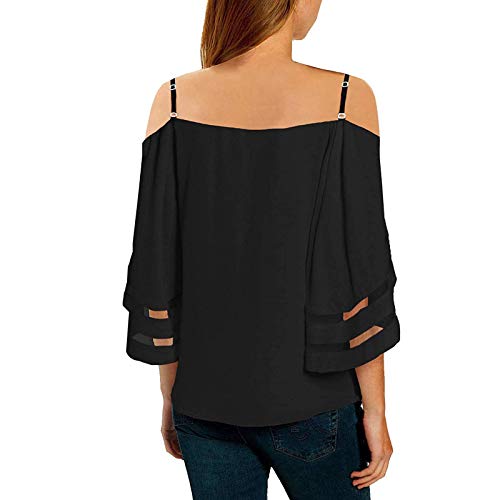 VEMOW Camisetas Camisola Mangas Hilo 3/4 Acampanadas Mujer T-Shirt Sin Tirantes, Verano Última Elegantes Suelto Básico Túnico Tops Color Sólido Fiesta Tshirt Tallas Grandes Original tee(A Negro,M)