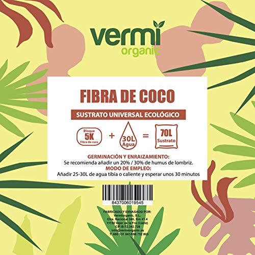 VERMIORGANIC Fibra de Coco Orgánica Bloque 5KG (70L) - Ladrillo compactado. Recomendado para huertos urbanos y como Base para vermicomposteras.