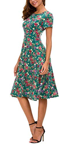 Vestido Estampado Floral de Mujer Cintura Alta Vestido a Media Pierna Manga Corta (S, 1)