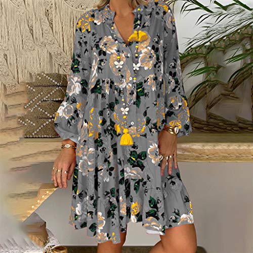 Vestidos Mujer Verano 2019 Nuevo SHOBDW Cuello en V Llamarada Manga Larga Elegant Vestidos Playa Boho Floral Mini Vestidos Vintage Fiesta Vestidos Mujer Cortos Talla Grande(Gris,5XL)