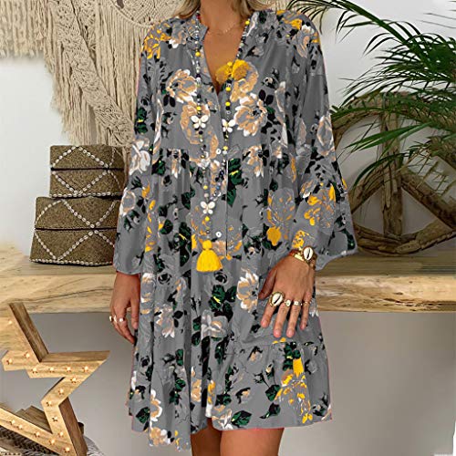 Vestidos Mujer Verano 2019 Nuevo SHOBDW Cuello en V Llamarada Manga Larga Elegant Vestidos Playa Boho Floral Mini Vestidos Vintage Fiesta Vestidos Mujer Cortos Talla Grande(Gris,5XL)