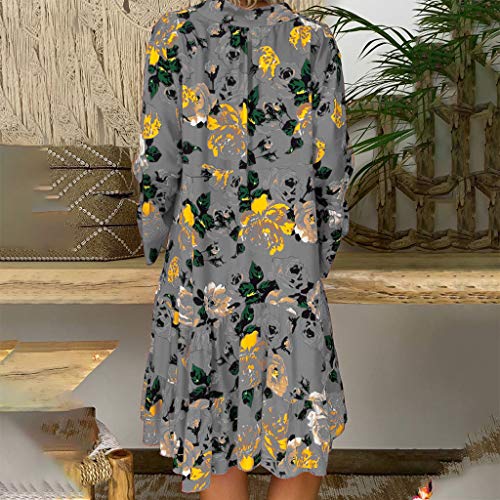 Vestidos Mujer Verano 2019 Nuevo SHOBDW Cuello en V Llamarada Manga Larga Elegant Vestidos Playa Boho Floral Mini Vestidos Vintage Fiesta Vestidos Mujer Cortos Talla Grande(Gris,5XL)