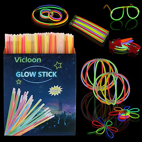 Vicloon Barras Luminosas, Pulseras Luminosas con Variedad de Conectores, Kits para Crear Gafas, Pulseras triples, una Diadema, Bolas Luminosas, Mariposas, una Bola Luminosa Premium.(100pcs)