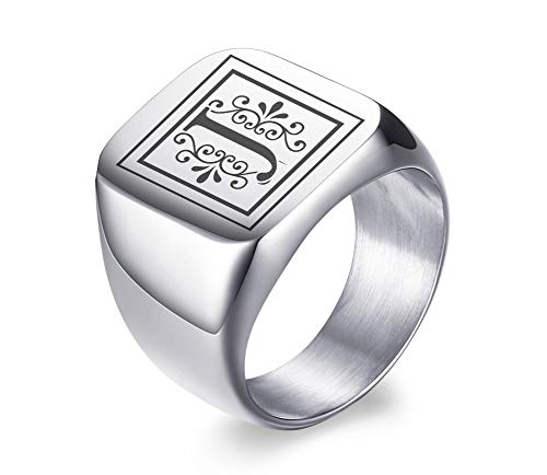 VNOX Hombres Nombre de Monograma Anillo Sello Sello Anillo Anillo Iniciales Anillo Hombres Banda Inicial Anillo de Carta de Círculo para Hombre,Regalo para él