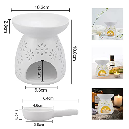 WANTOUTH 2 PCS Quemador de Aceites Esenciales Quemador Esencia de Cerámica Quemador de Aceite Aromatico con Patrón de Flores Quemador Aromaterapia con 2 Cucharas de Velas para Decoración Hogar- Blanco